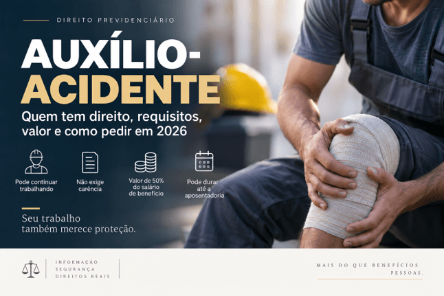 Trabalhador com joelho enfaixado e capacete de segurança ao fundo, ilustrando o auxílio-acidente do INSS em 2026. Honorio silva advocacia