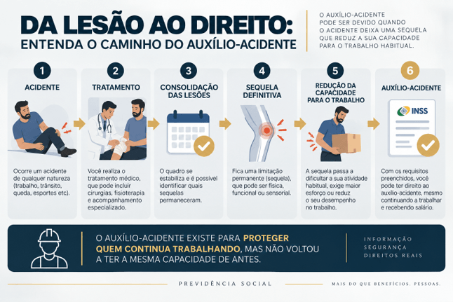 Infográfico com as seis etapas do auxílio-acidente: acidente, tratamento, consolidação das lesões, sequela definitiva, redução da capacidade para o trabalho e concessão do benefício pelo INSS