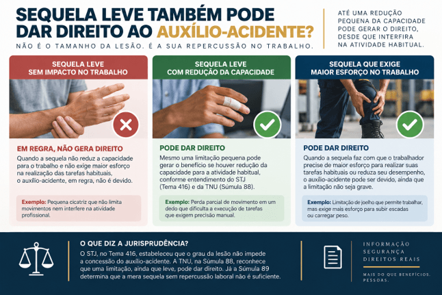 Infográfico comparando três situações de sequela: sequela leve sem impacto no trabalho, que em regra não gera direito; sequela leve com redução da capacidade e sequela que exige maior esforço, que podem dar direito ao auxílio-acidente